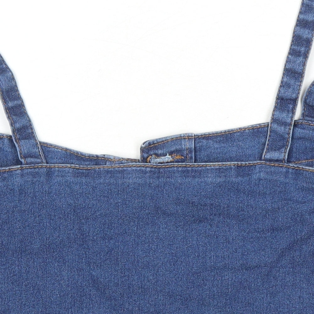 PRETTYLITTLETHING Womens Blue Herringbone Cotton Cropped Button-Up Size 6 Square Neck