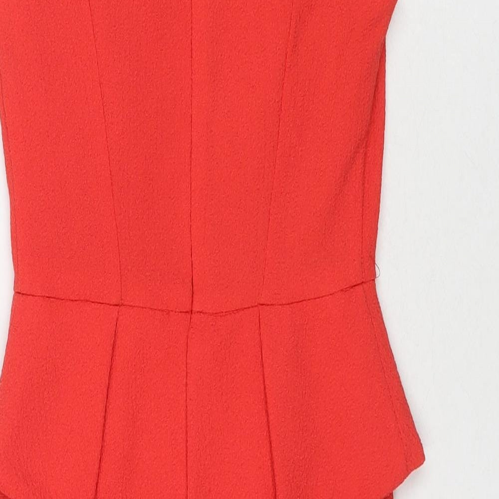 Brand and care label for Miss Selfridge women’s red polyester a-line, size UK 6, round neck zip