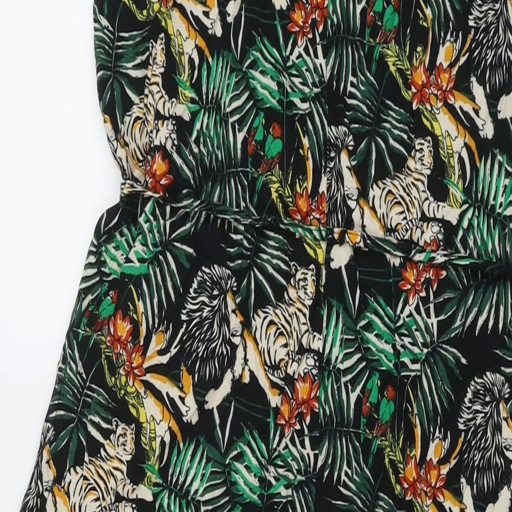 Warehouse Womens Green Floral Viscose A-Line Size 12 Square Neck Pullover