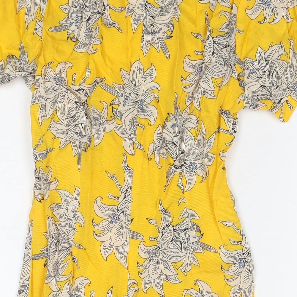 Topshop Womens Yellow Floral Viscose Mini Size 6 Round Neck Zip