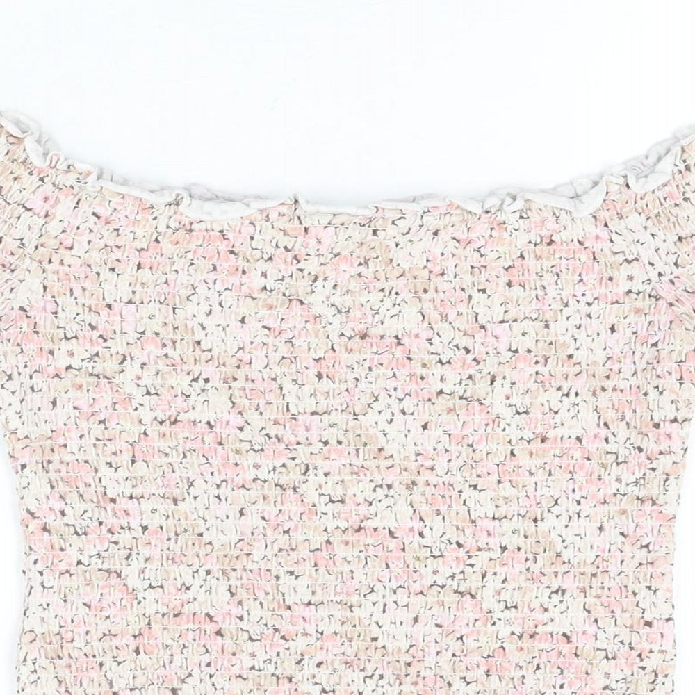 H&M Womens Pink Floral Cotton Cropped T-Shirt Size M Off the Shoulder