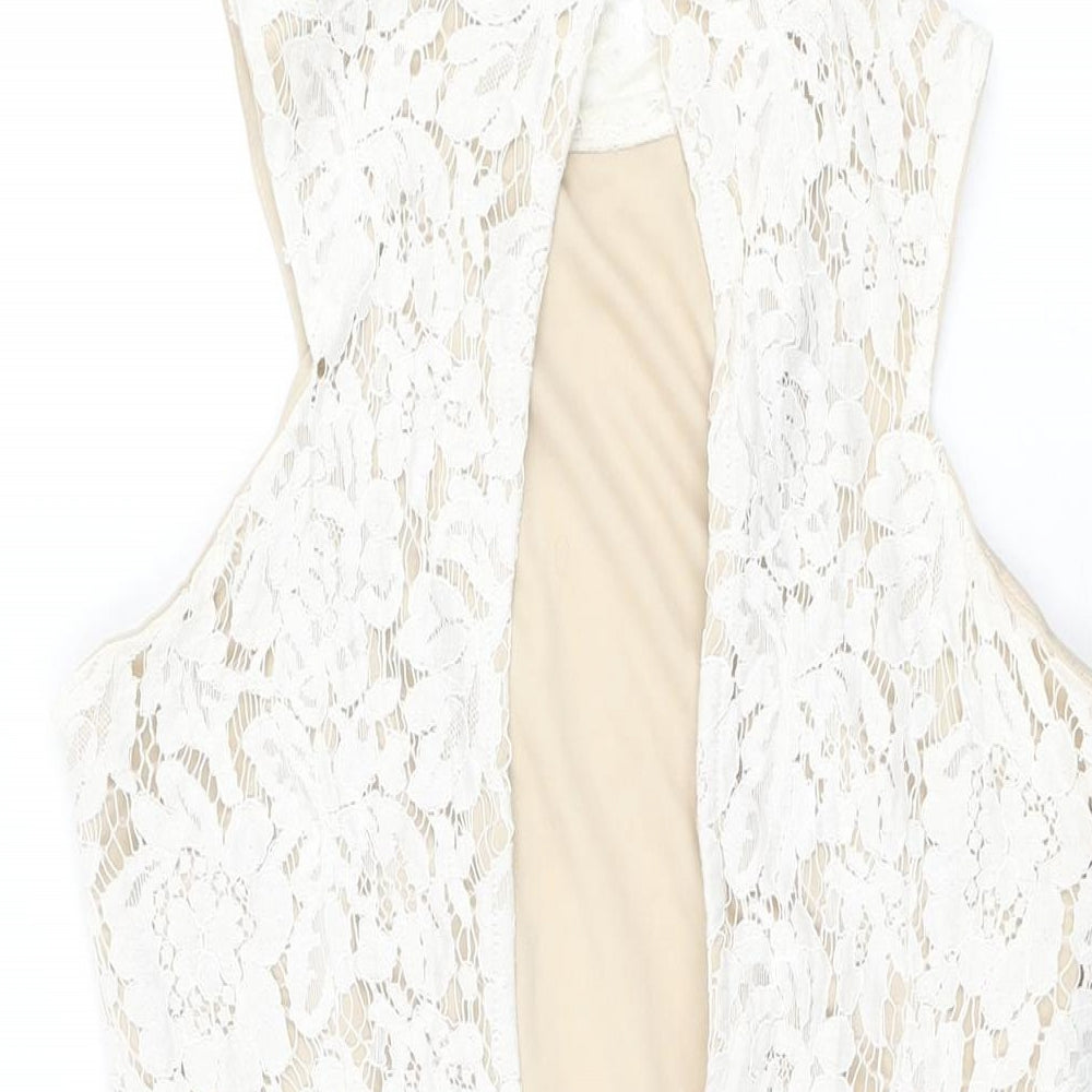 Missguided Womens White Floral Polyester Bodycon Size 10 Round Neck Zip