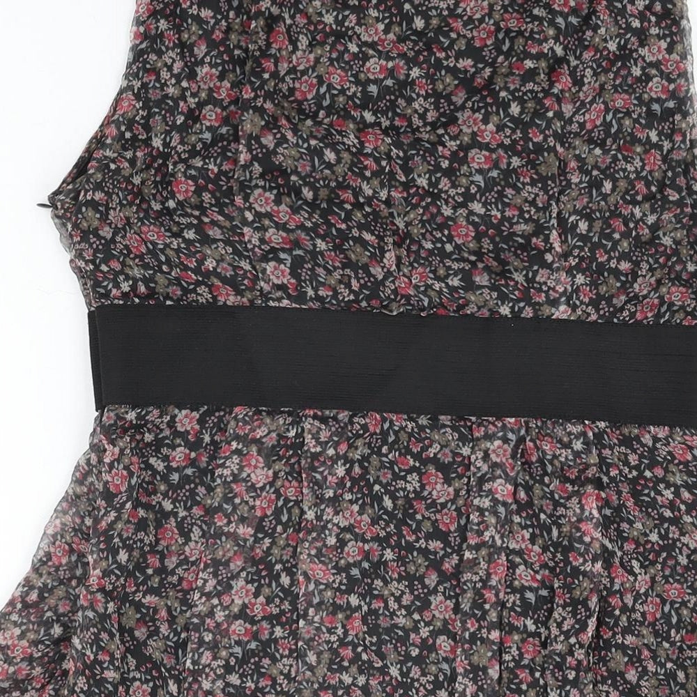 Zara Womens Black Floral Silk Shift Size M Scoop Neck Zip