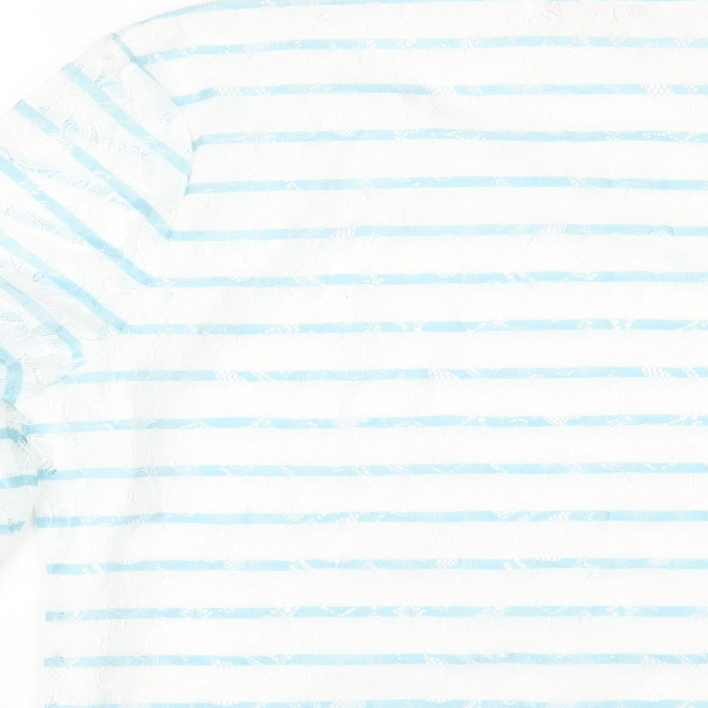 Annabelle Womens Blue Striped Polyester Basic T-Shirt Size S Round Neck