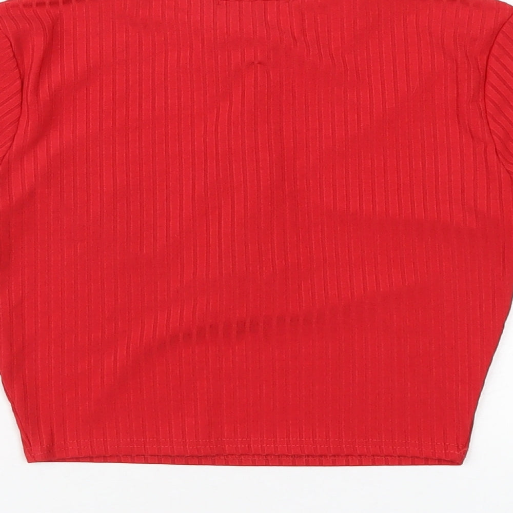 PRETTYLITTLETHING Womens Red Polyester Cropped T-Shirt Size 8 Scoop Neck