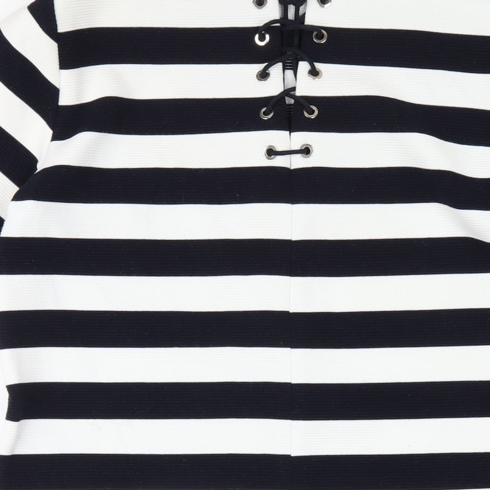 FRNCH Womens Blue Striped Polyester A-Line Size M Round Neck Pullover
