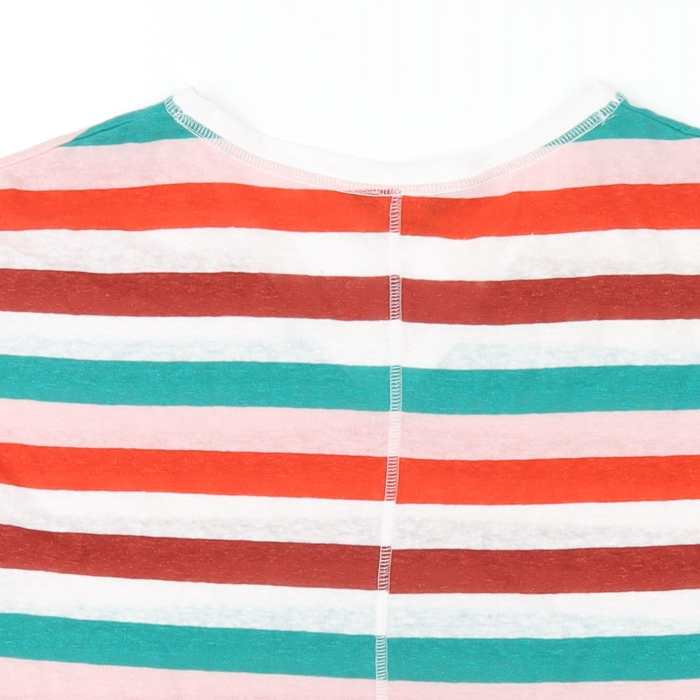 Marks & Spencer Womens Multicoloured Striped Linen Basic T-Shirt Size 8 V-Neck
