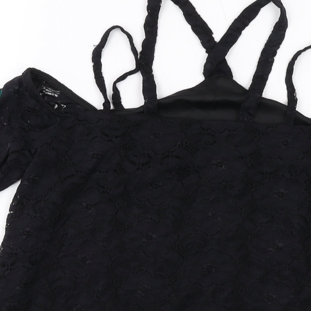 River Island Womens Black Floral Polyester Basic T-Shirt Size 8 V-Neck