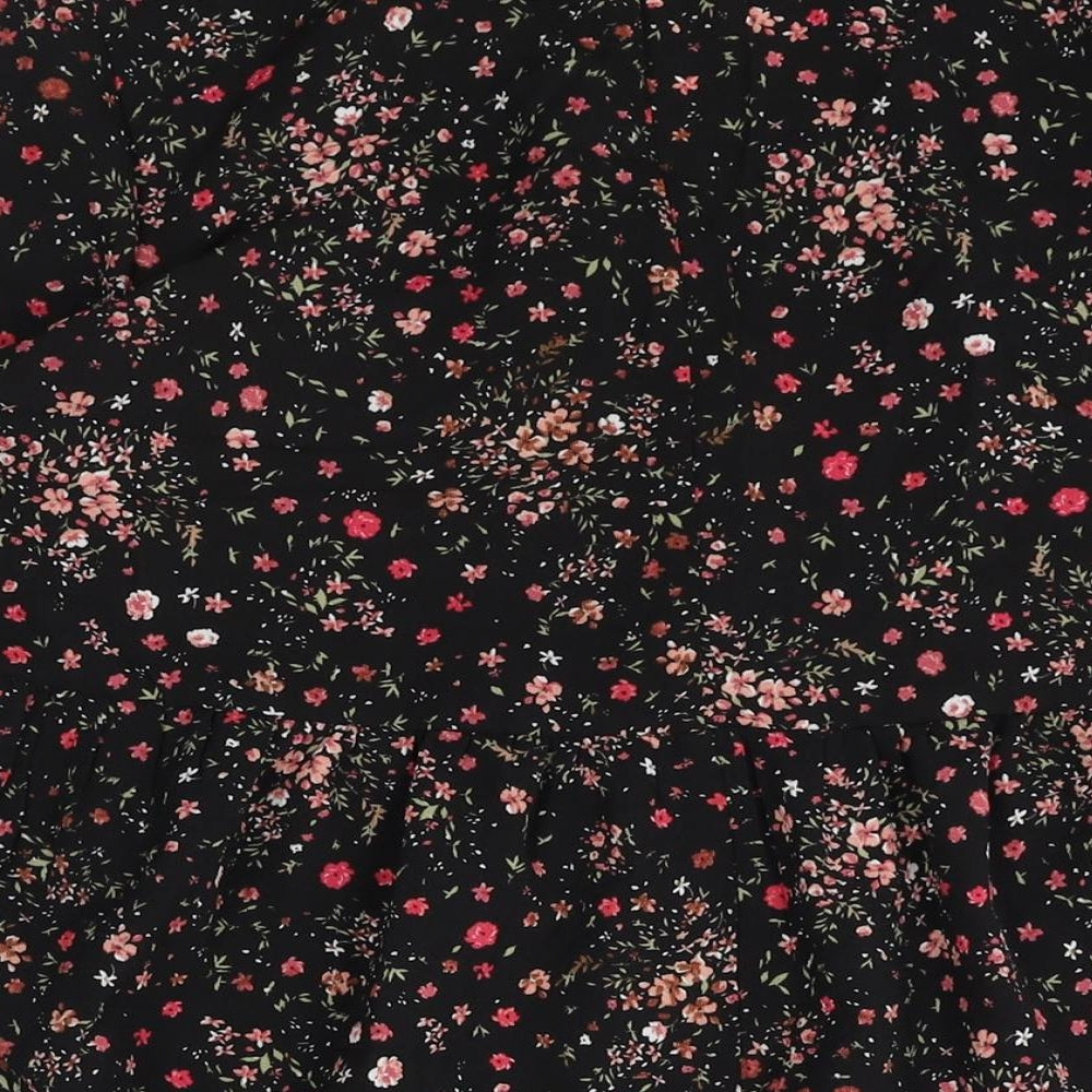 New Look Womens Black Floral Polyester Shift Size 10 V-Neck Button - Smocked