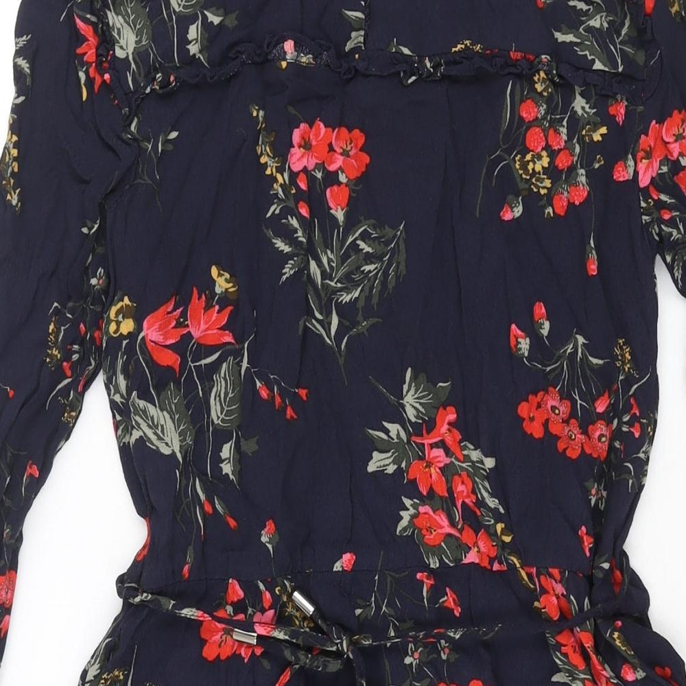 Oasis Womens Blue Floral Viscose A-Line Size 10 Round Neck Button - Belted Frill