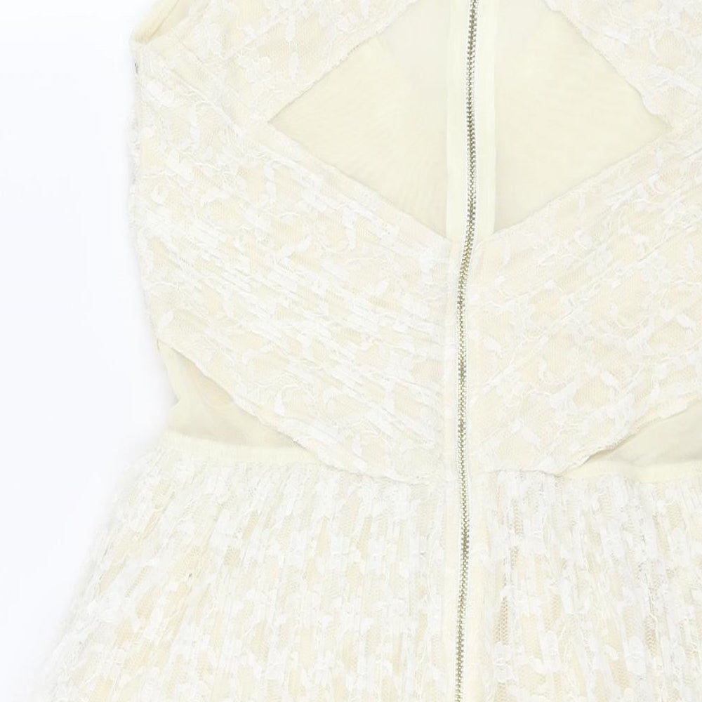 River Island Womens Ivory Polyester Fit & Flare Size 10 Round Neck Zip - Panelled