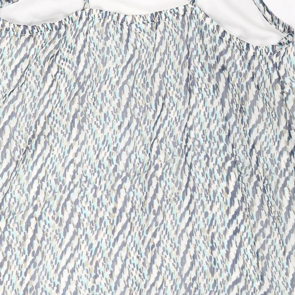 Brand and care label for Only women’s blue geometric polyester tank dress, size UK 8, scoop neck pullover