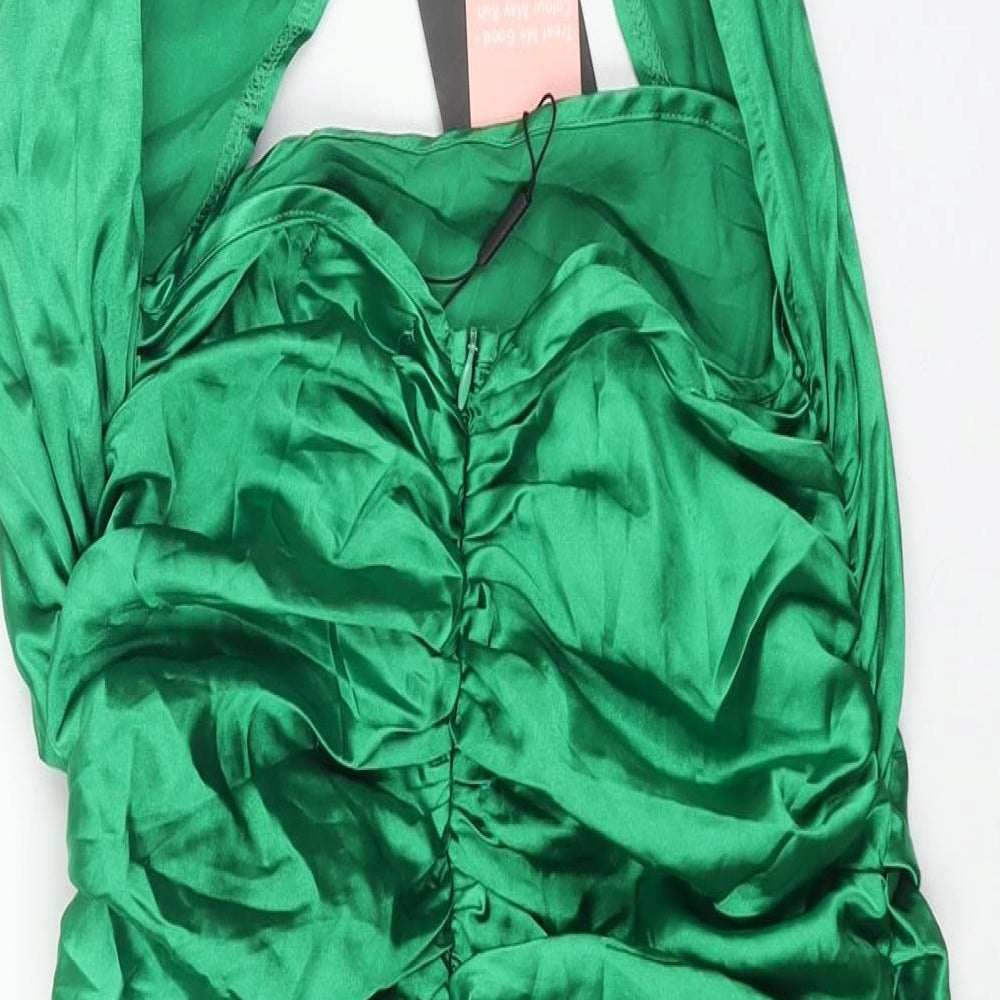 PRETTYLITTLETHING Womens Green Polyester Mini Size 6 Halter Zip - Rouched Cut Out