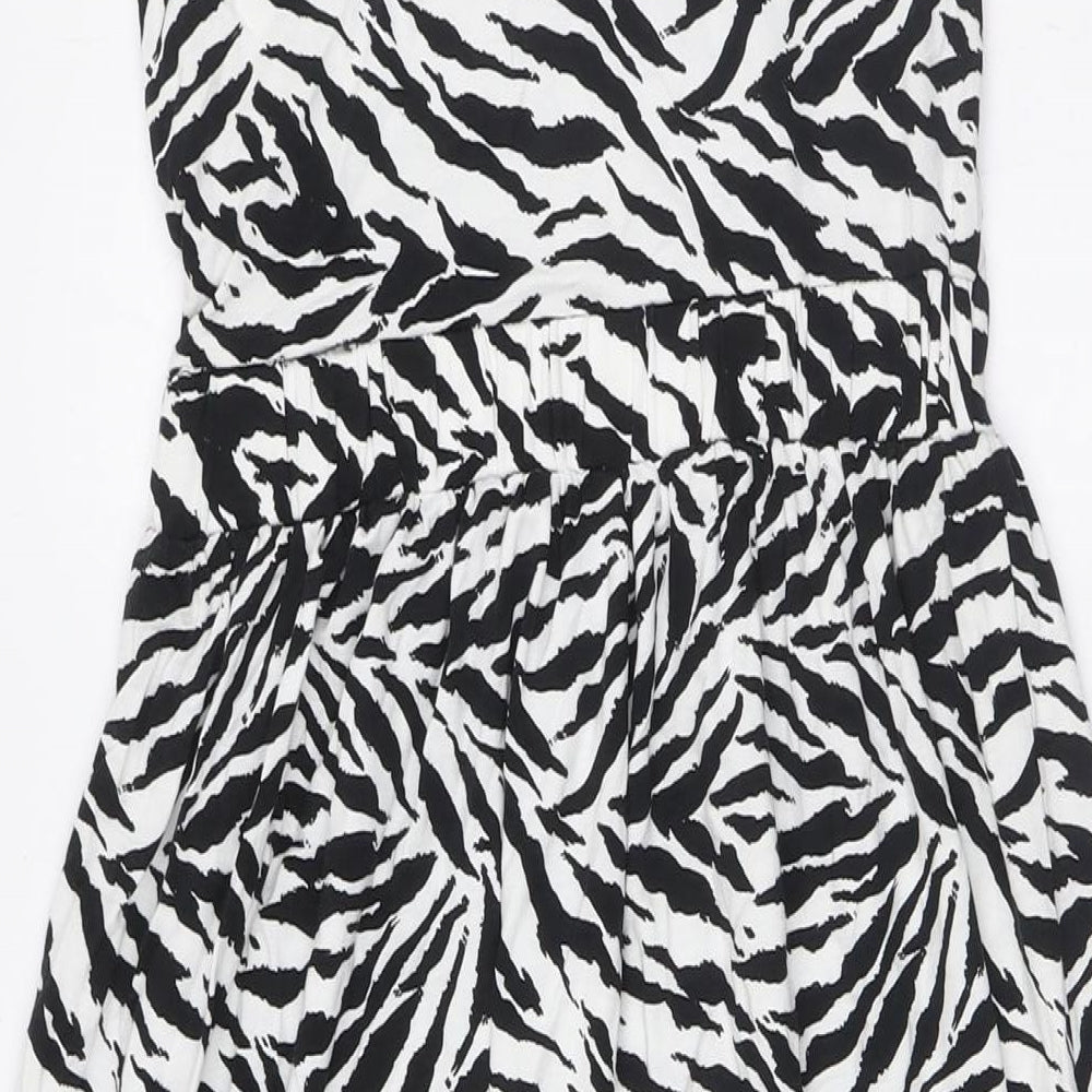 Warehouse Womens Black Animal Print Viscose A-Line Size 8 Round Neck