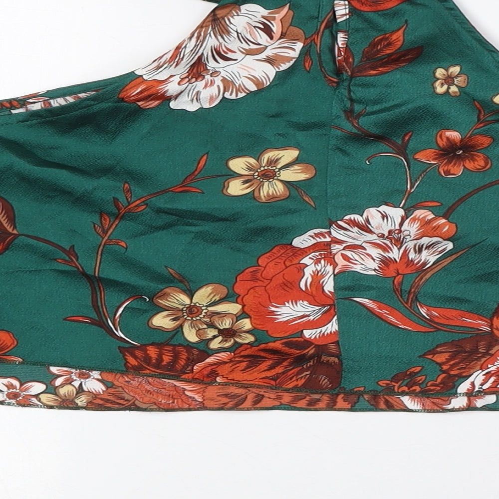 PRETTYLITTLETHING Womens Green Floral Polyester Cropped Button-Up Size 10 Mock Neck - Cold Shoulder