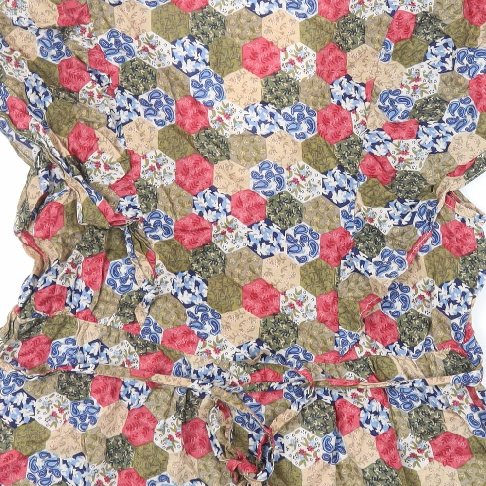 Monsoon Womens Multicoloured Geometric Cotton Basic Blouse Size 10 V-Neck