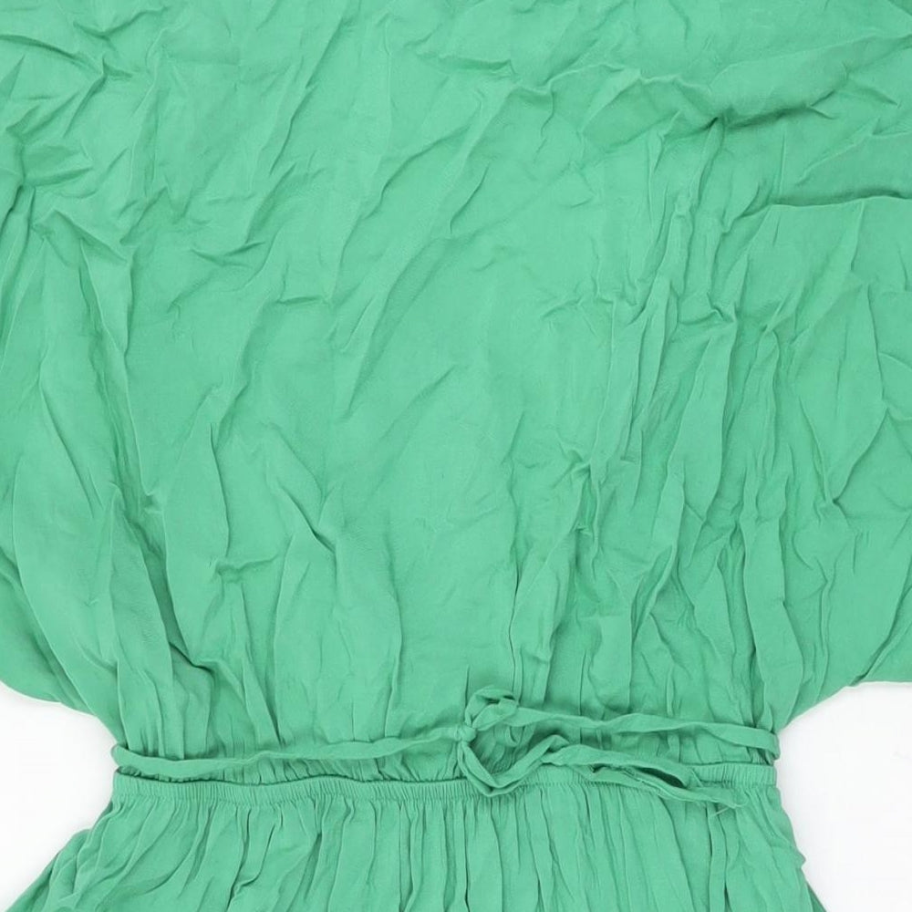 Marks & Spencer Womens Green Viscose Skater Dress Size 14 V-Neck Tie