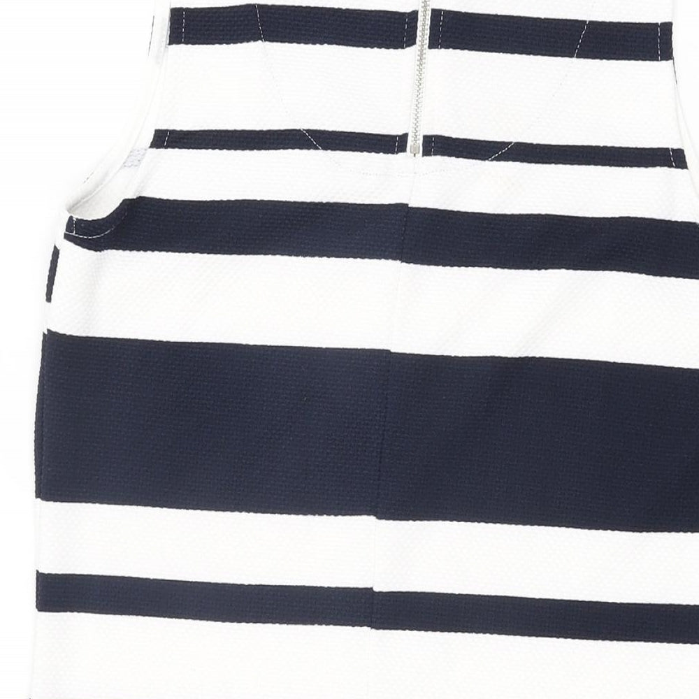 Warehouse Womens White Striped Polyester Shift Size 10 Round Neck Zip
