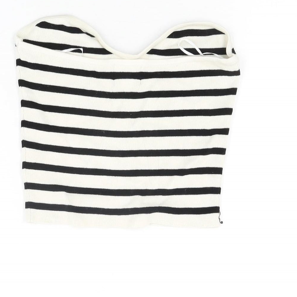 H&M Womens Ivory Striped Viscose Cropped T-Shirt Size M Off the Shoulder