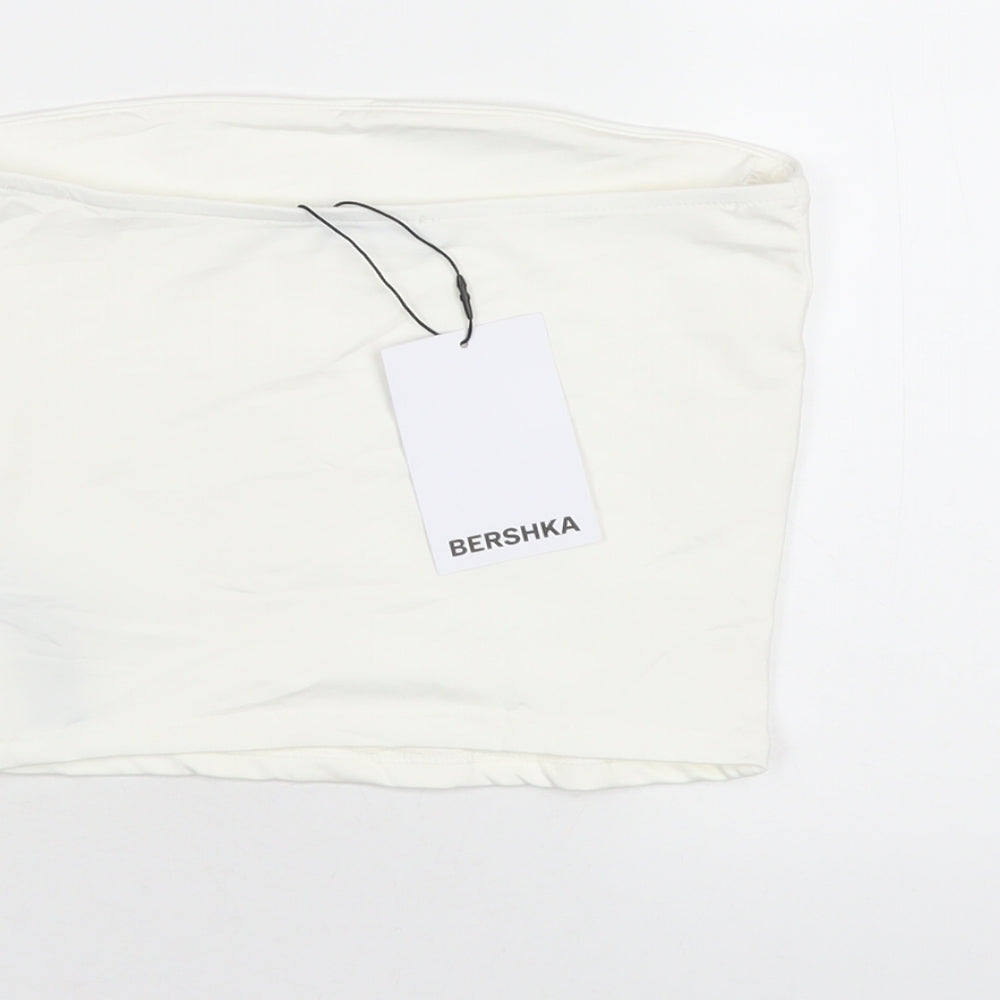 Bershka Womens White Polyamide Basic T-Shirt Size S Square Neck