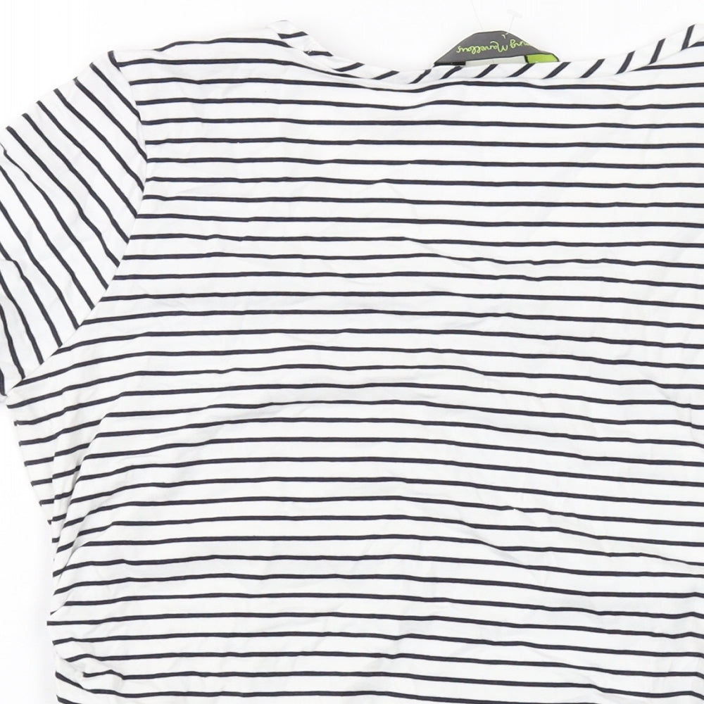 Blooming Womens White Striped Cotton Basic T-Shirt Size M Round Neck