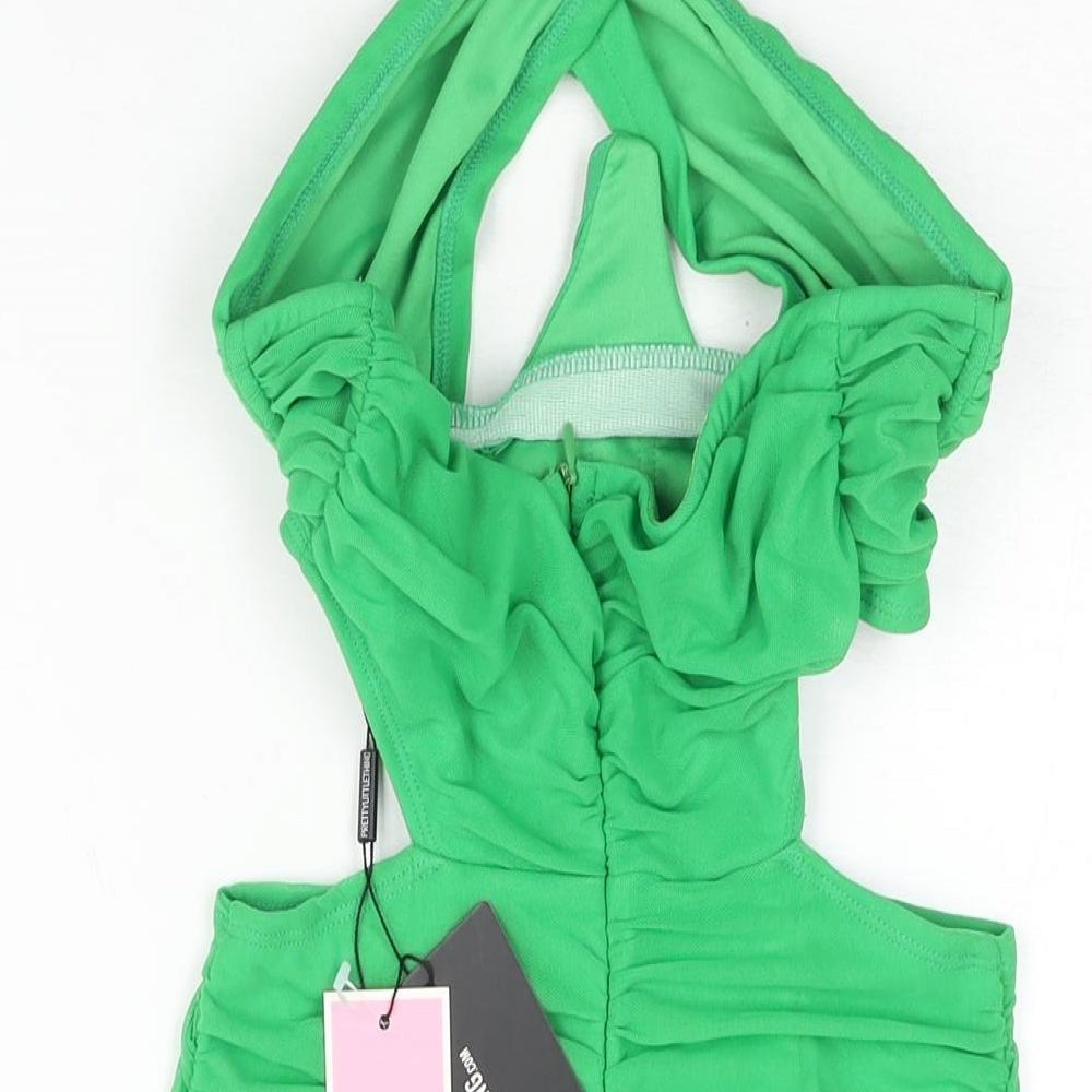 PRETTYLITTLETHING Womens Green Polyester Mini Size 6 Halter Zip - Rouched Corset Bodice Cut Out