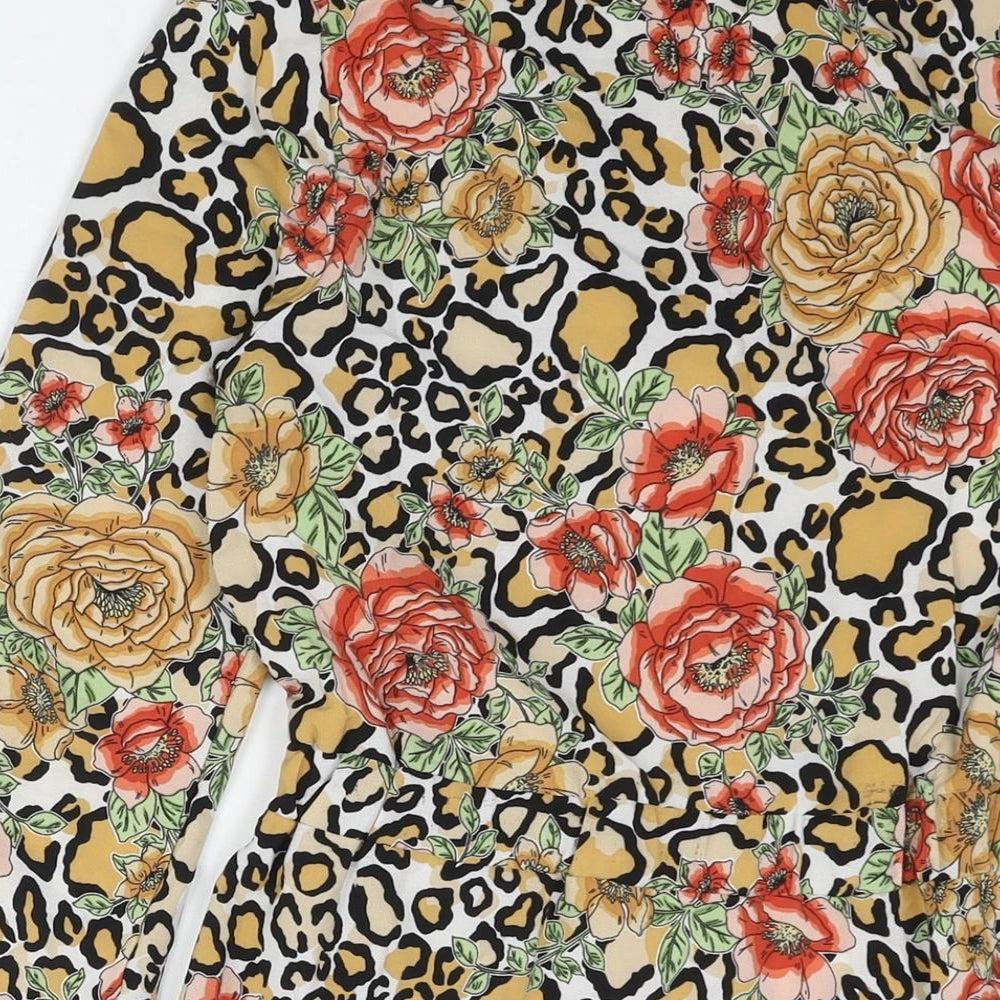 IVIVI Womens Multicoloured Geometric Polyester Shift Size S Round Neck Button - Frill Tie Floral Leopard Print