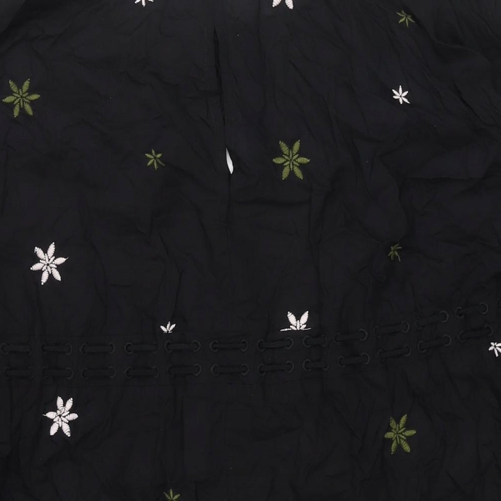Next Womens Black Geometric Viscose Shift Size 12 Round Neck Tie - Drawstring Detail Tassle Embroidered