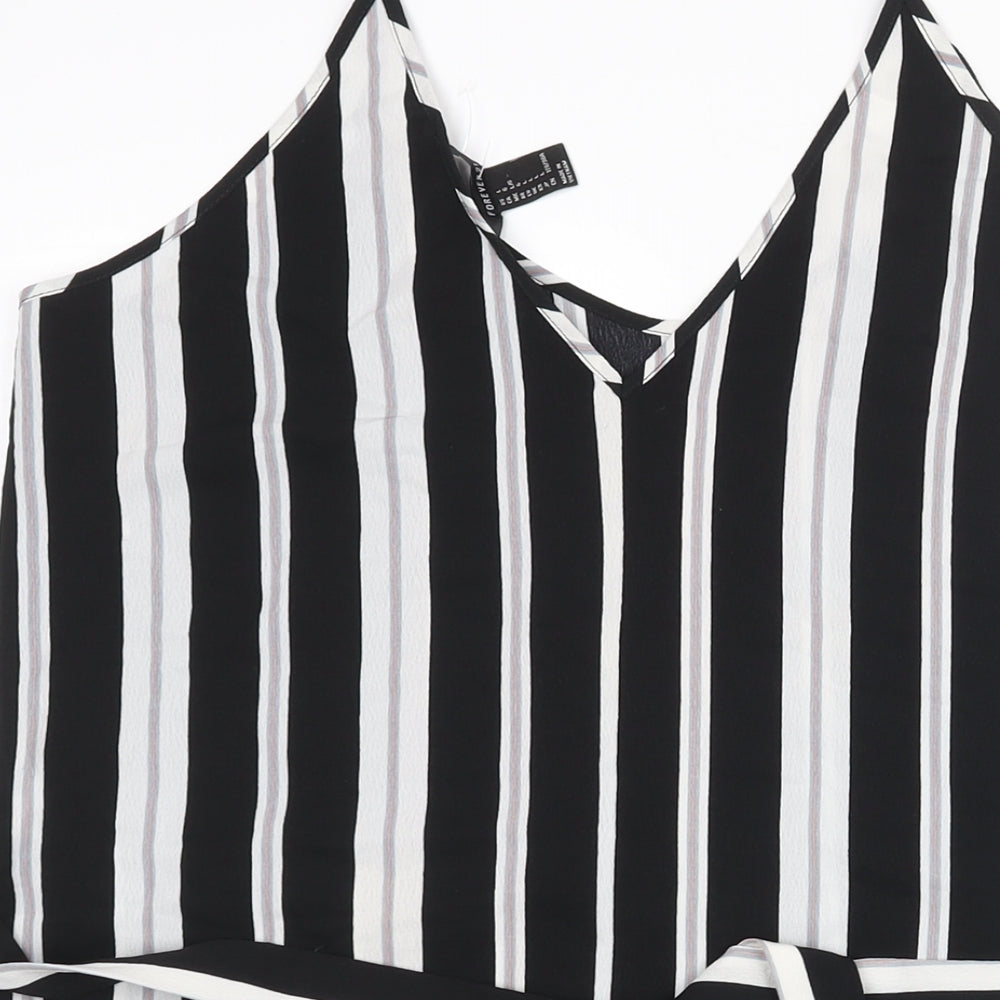 Forever 21 Womens Black Striped Polyester Camisole Blouse Size L V-Neck - Side Slits Belted