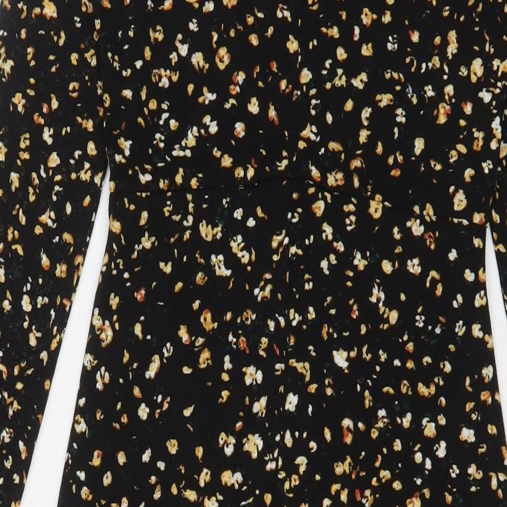 Topshop Womens Black Floral Polyester A-Line Size 8 Round Neck Button