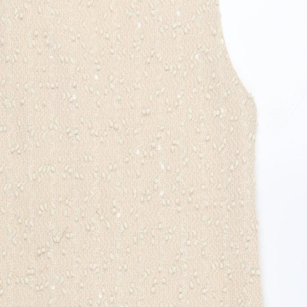 Yumi Womens Beige Polyester Shift Size S V-Neck Pullover - Sequins Textured