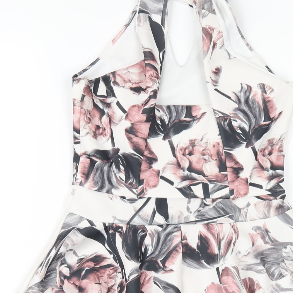 Select Womens White Floral Polyester A-Line Size 8 Round Neck Button