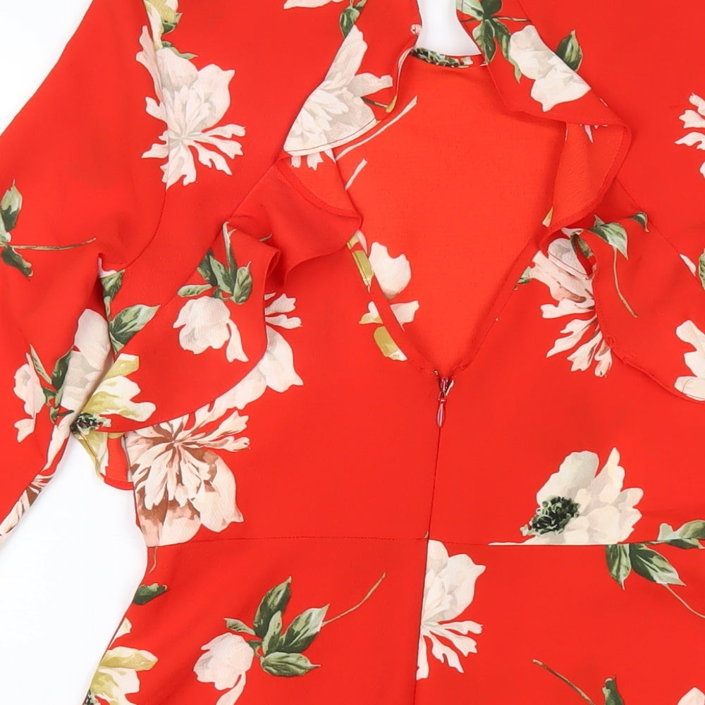 Topshop Womens Red Floral Polyester A-Line Size 8 Round Neck Zip