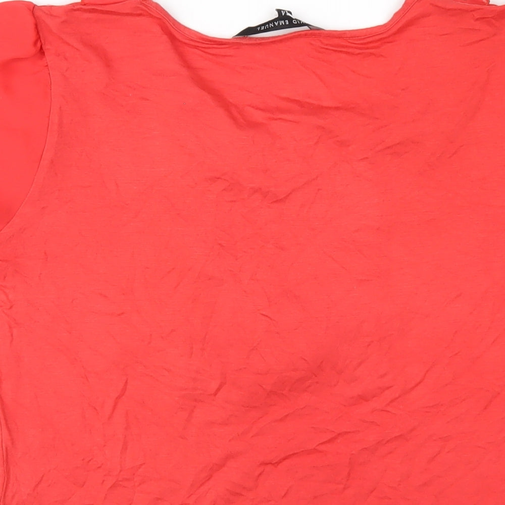 David Emanuel Womens Red Viscose Basic T-Shirt Size 14 Scoop Neck