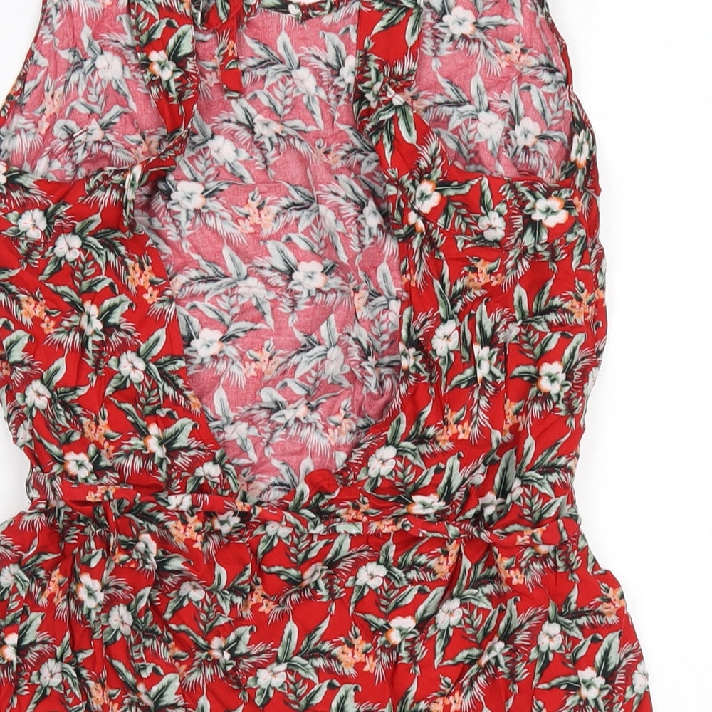 Oasis Womens Red Floral Viscose A-Line Size M V-Neck Pullover