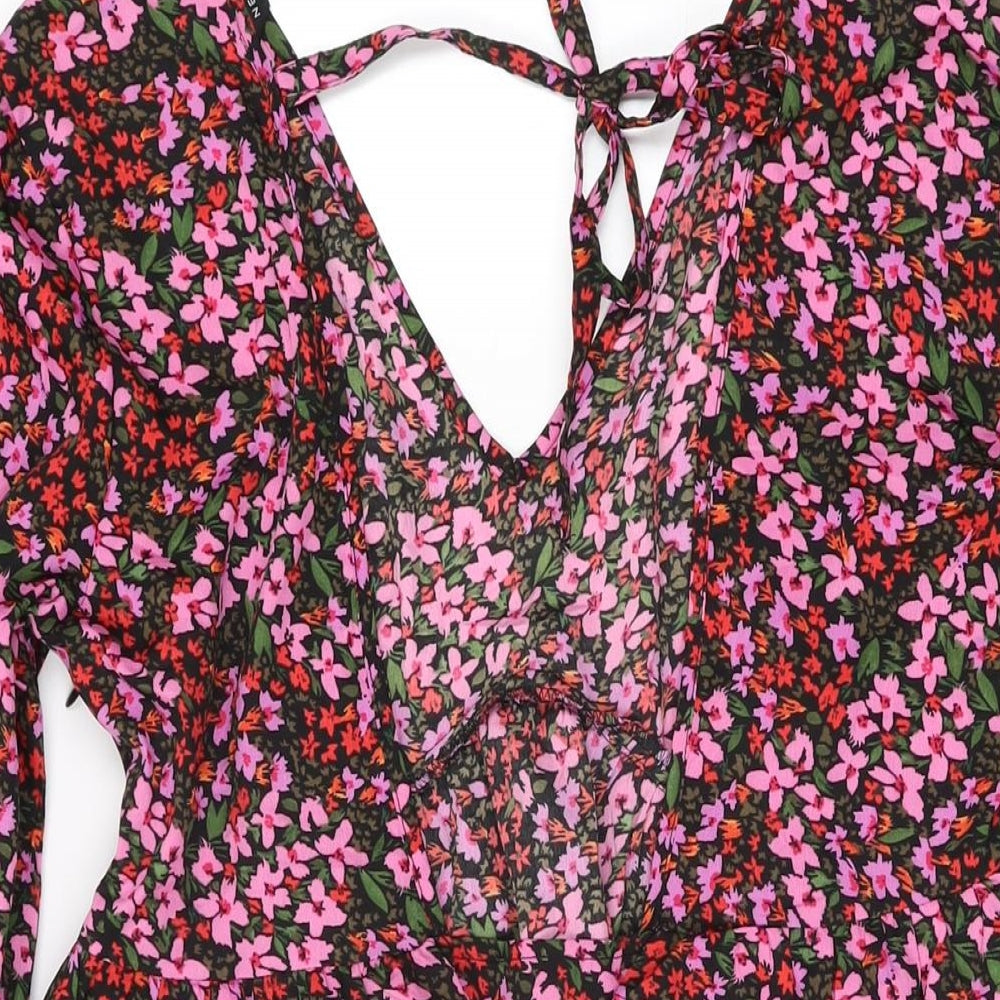 New Look Womens Black Floral Polyester Shift Size 12 V-Neck Zip