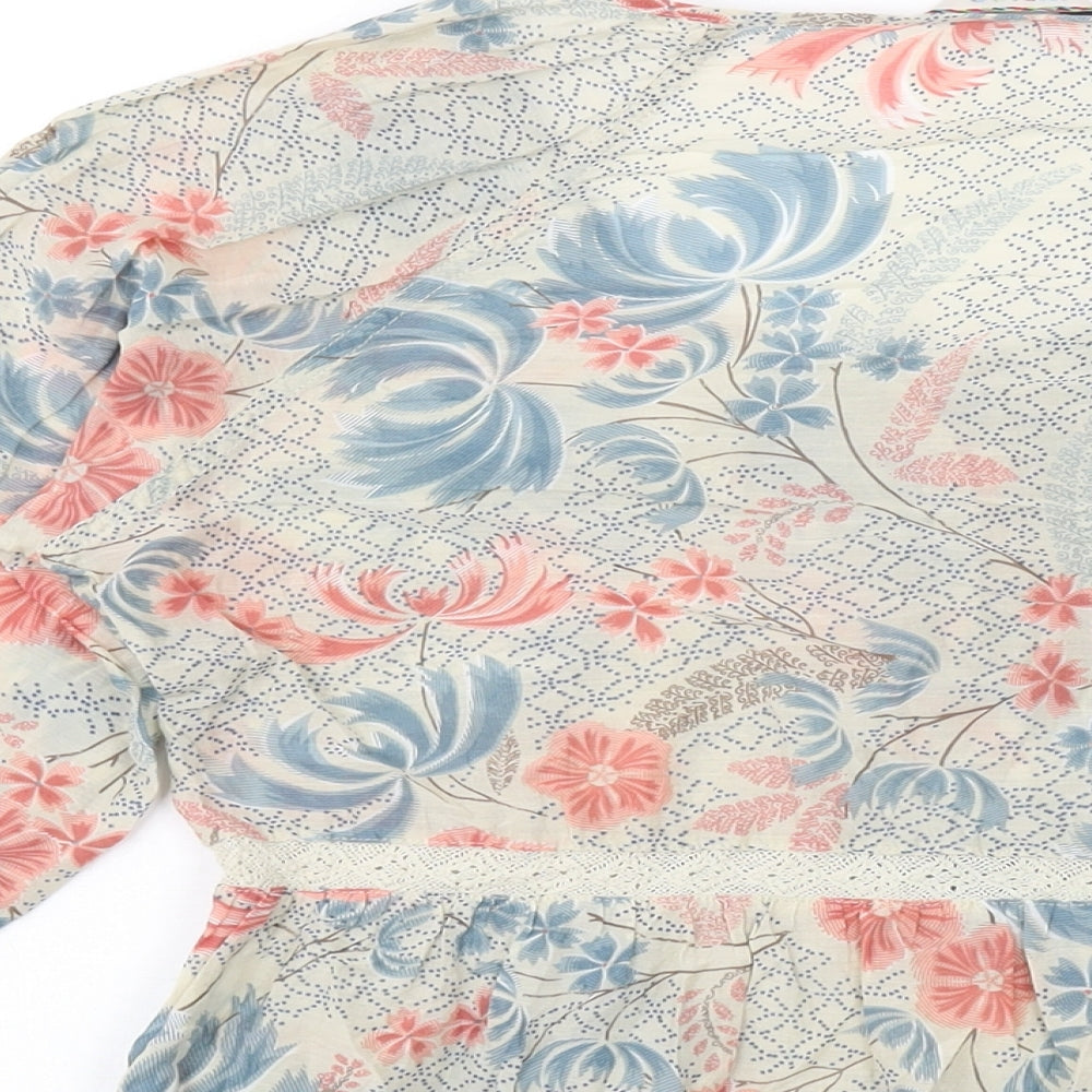 Indigo Womens Beige Geometric Cotton Basic Blouse Size 10 Round Neck