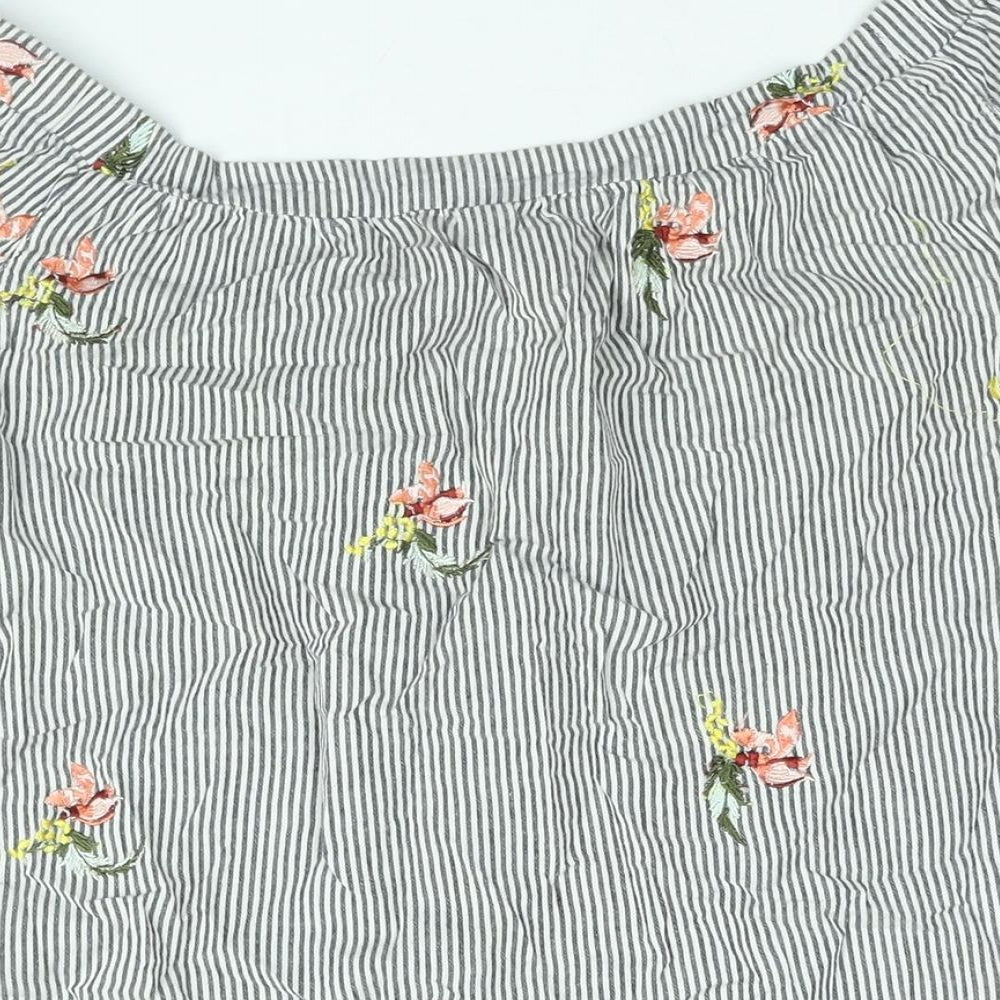 Warehouse Womens Grey Striped Cotton Basic Blouse Size 16 Off the Shoulder - Floral Embroidery