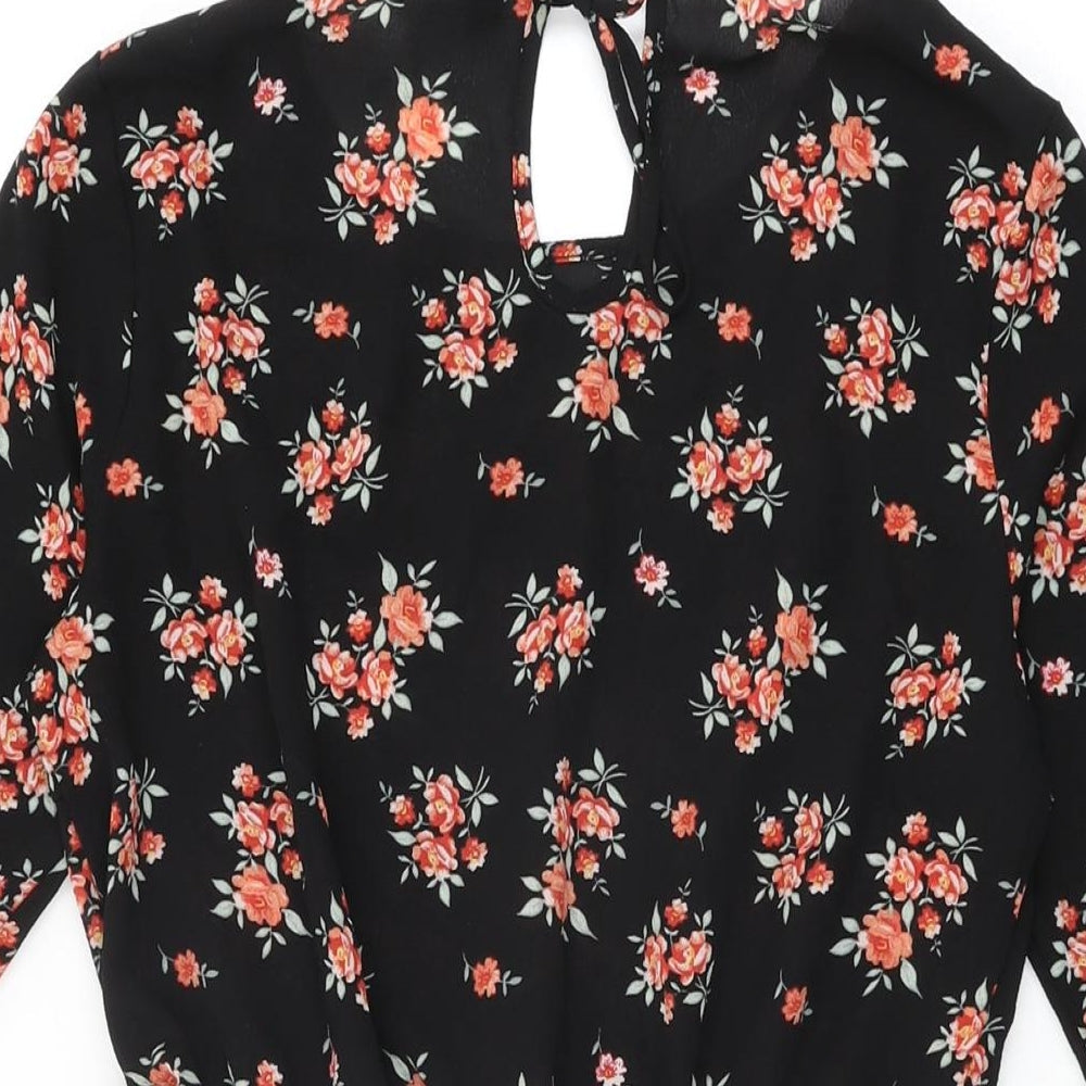 H&M Womens Black Floral Polyester Skater Dress Size 6 Round Neck Tie