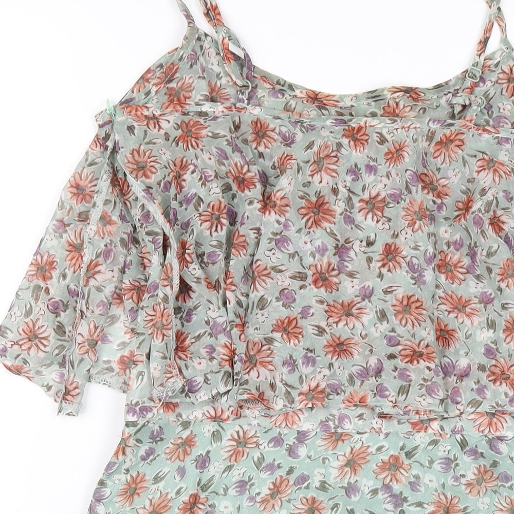 Boohoo Womens Green Floral Polyester A-Line Size 10 Scoop Neck Zip