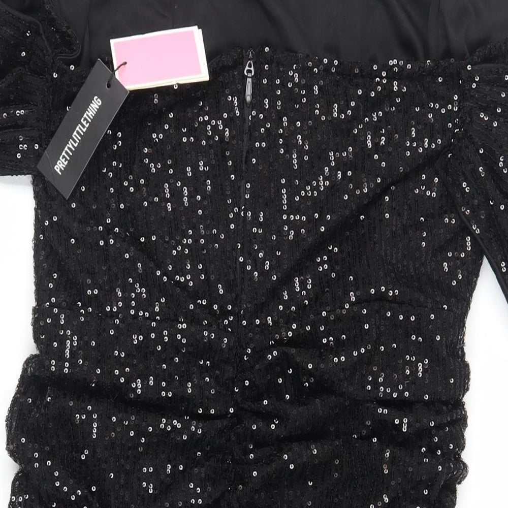 PRETTYLITTLETHING Womens Black Polyester Mini Size 20 Off the Shoulder Zip - Ruched Sequin