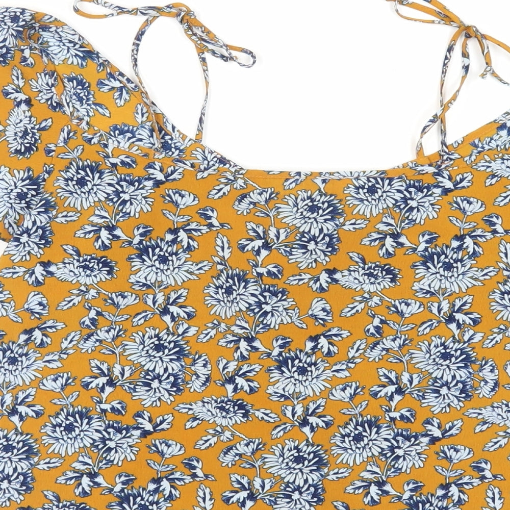 Topshop Womens Yellow Floral Polyester Basic Blouse Size 8 V-Neck - Ruffle