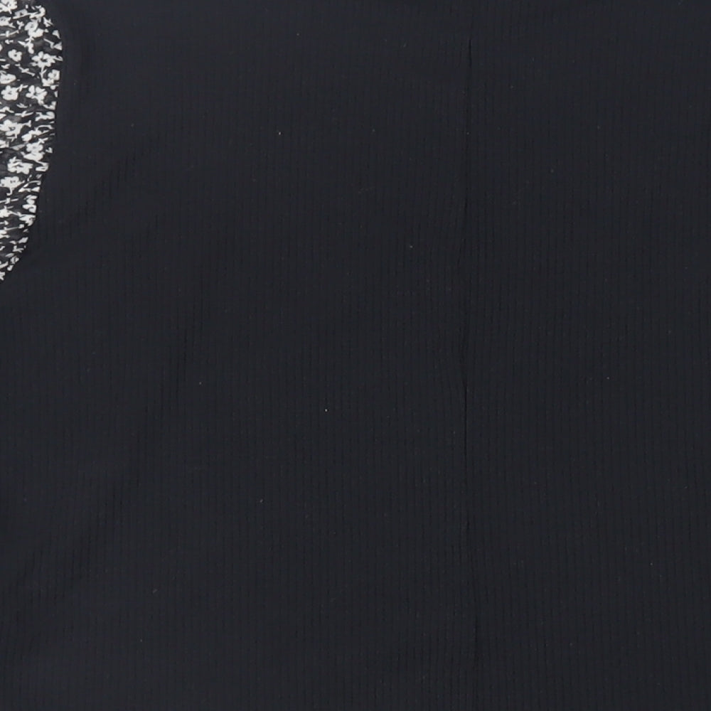 Zara Womens Black Floral Polyester Basic Blouse Size L Mock Neck - Sheer Sleeves