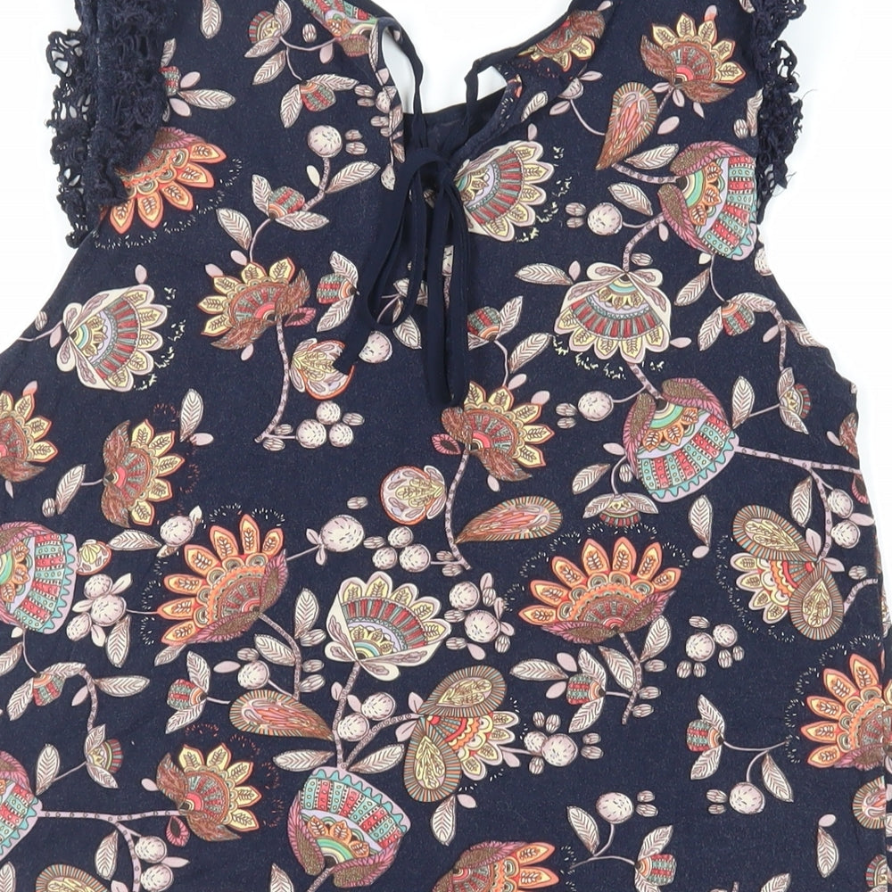 Oasis Womens Blue Paisley Viscose Basic Blouse Size S Round Neck - Crochet Detail