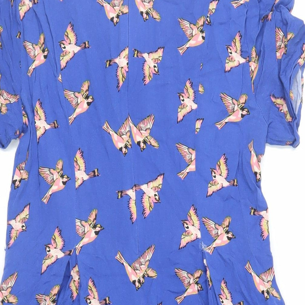 Oasis Womens Blue Geometric Viscose Fit & Flare Size 10 Round Neck Zip - Bird Pattern
