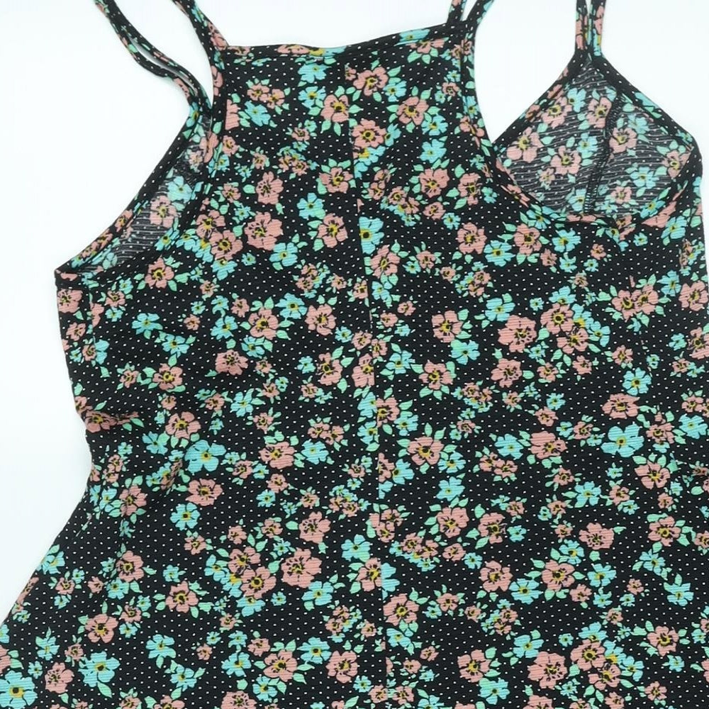 Topshop Womens Black Floral Polyester A-Line Size 10 Scoop Neck Button