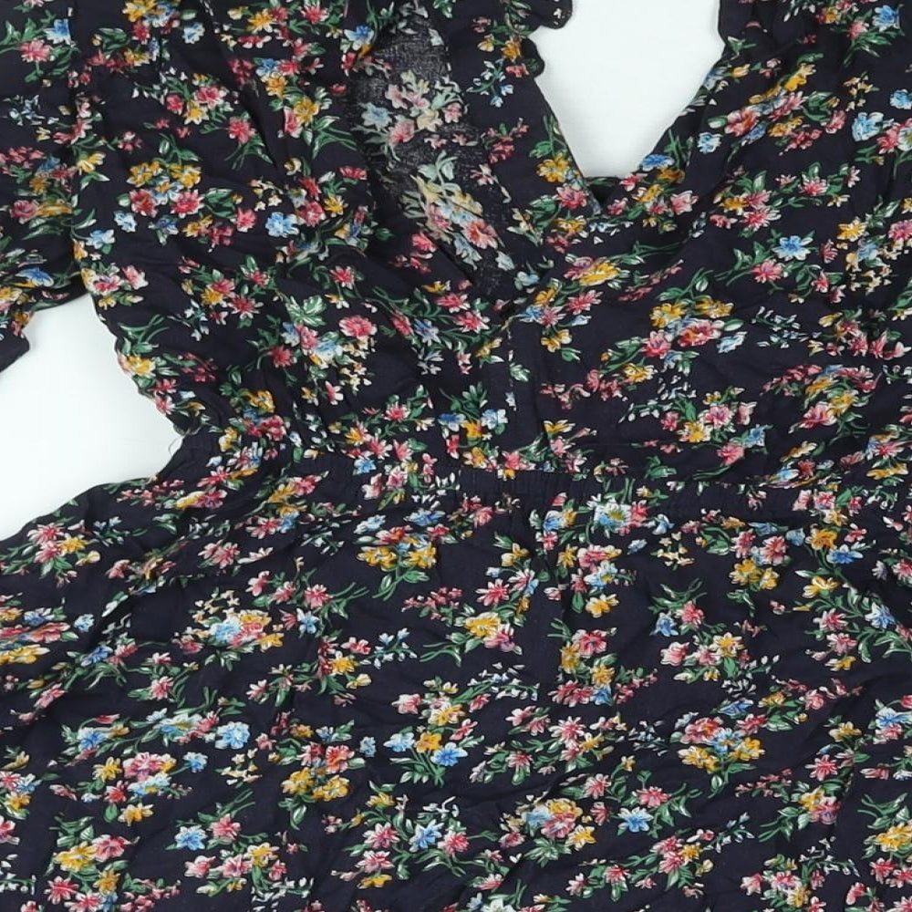 Kiss the Sky Womens Black Floral Viscose A-Line Size S V-Neck Button - Frill