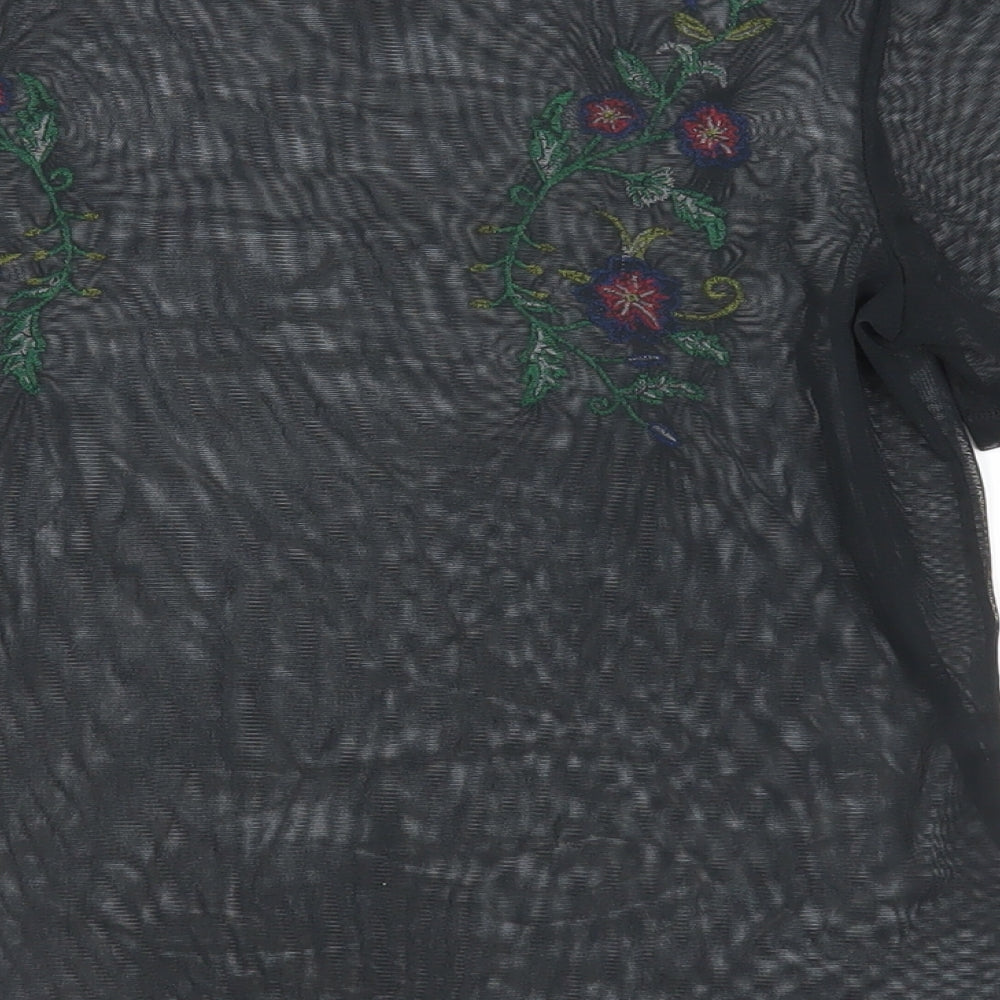 Zara Womens Black Polyester Basic T-Shirt Size S Crew Neck - Embroidered Sheer