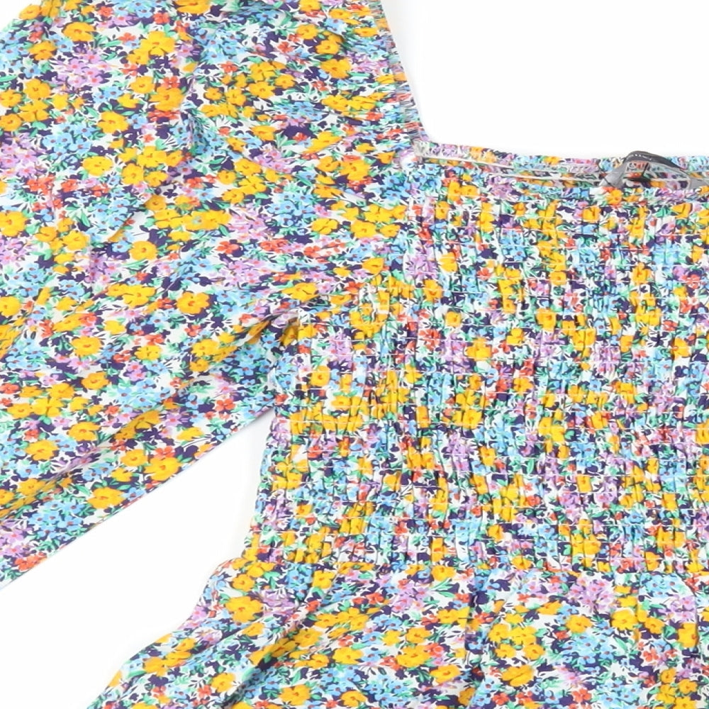 Marks & Spencer Womens Multicoloured Floral Cotton Basic Blouse Size 6 Square Neck - Shirred