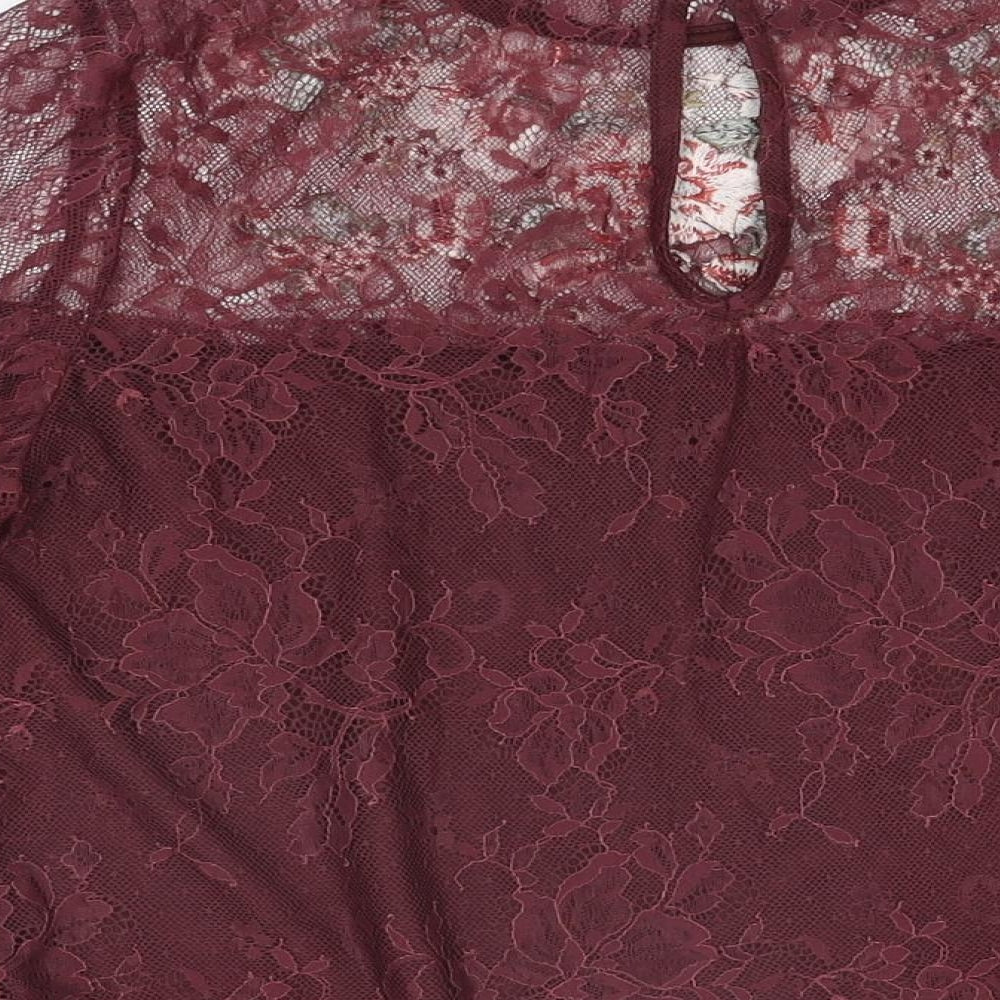 New Look Womens Red Floral Nylon Basic T-Shirt Size 16 Round Neck